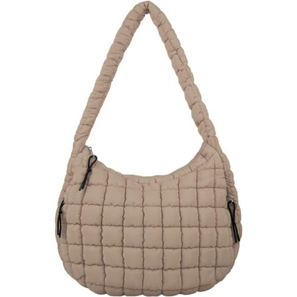 Quilted Puffer Tote Bag Light Brown - Picture 1 of 6